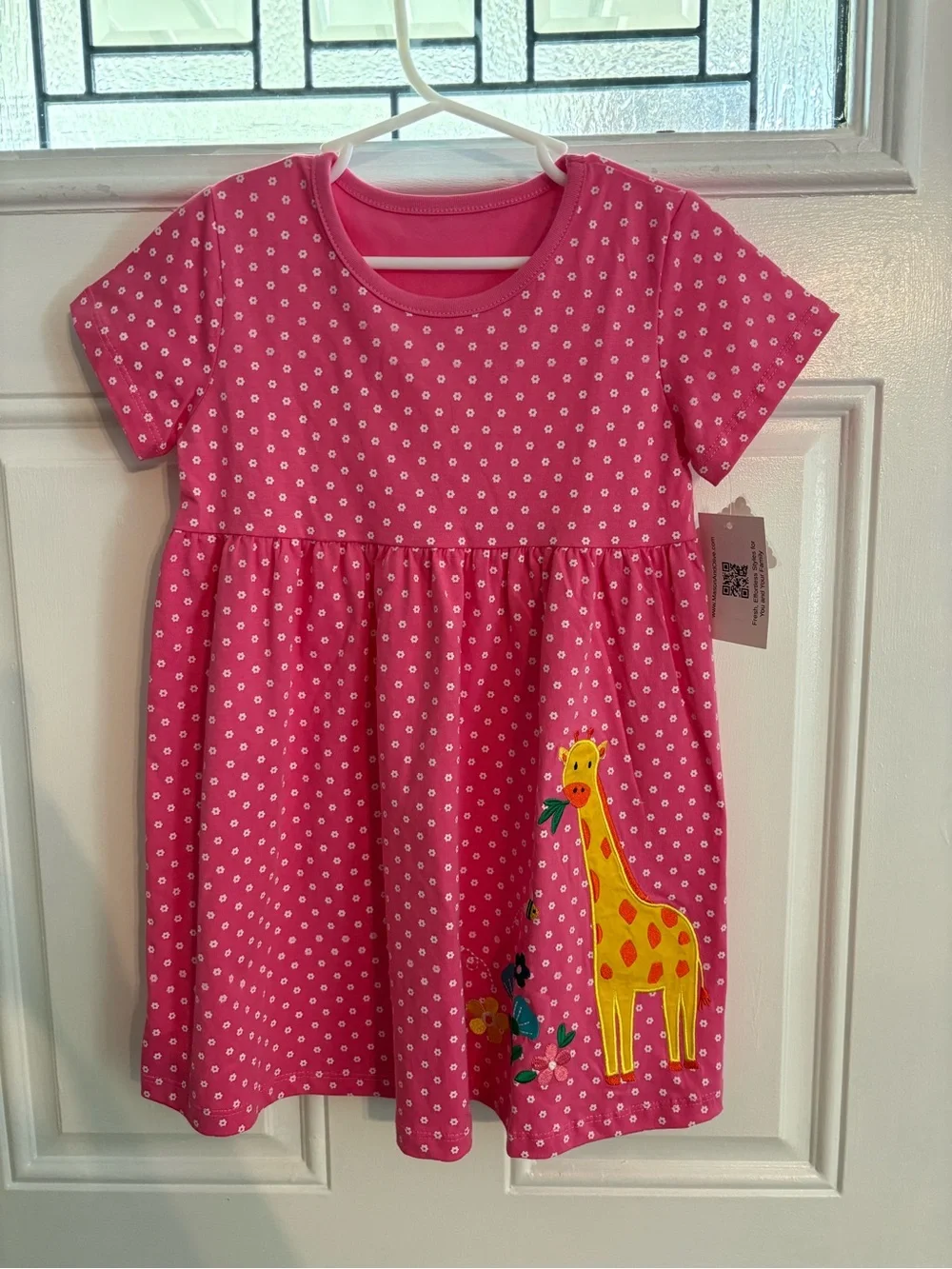 Girls' Pink Polka Dot Dress with Giraffe Applique